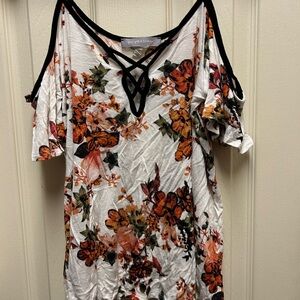 Floral V-Neck Cold Shoulder Top